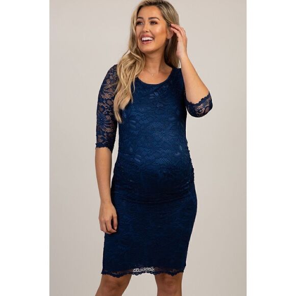 NWT PINKBLUSH Navy Lace Fitted 3/4 Sleeve Maternity Dress, Size Small - Picture 1 of 14